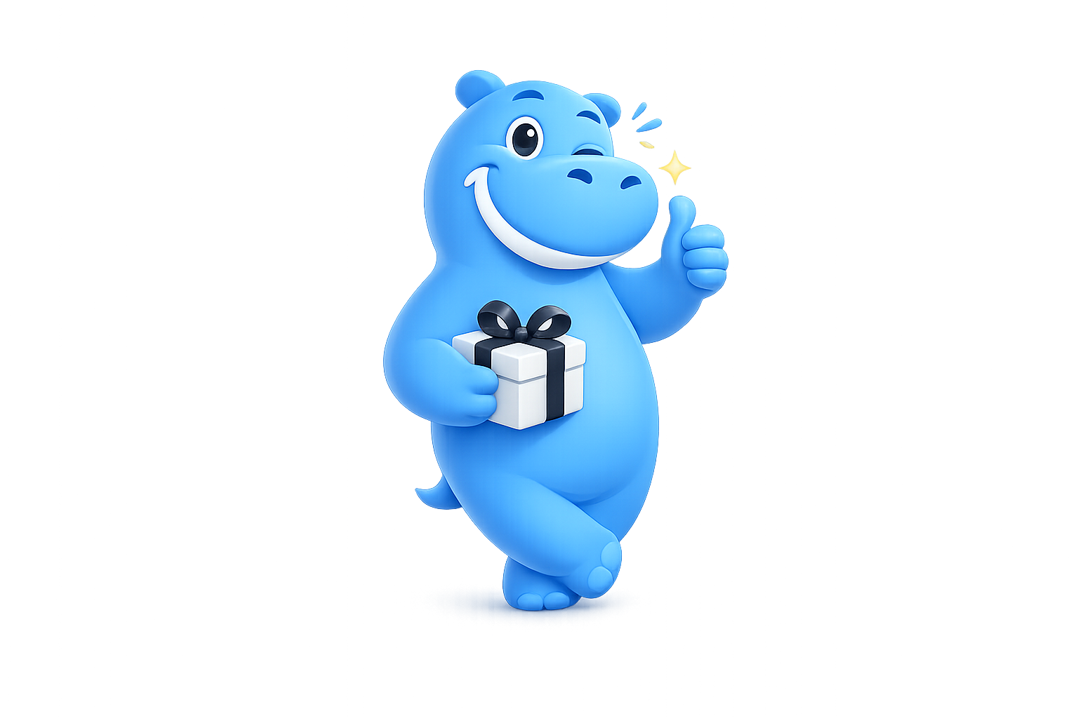 Gift Hippo mascot — holding a gift, giving a thumbs up